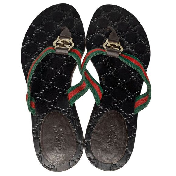 Gucci GG Web Stripe Thong Sandals EU 38.5 US 8.5 Brown Flip Flop Slide Flat Heel - Picture 5 of 13